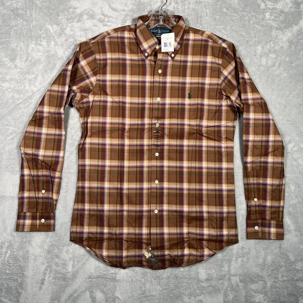 Ralph Lauren Shirt Mens Small Brown Purple Plaid Cotton Custom Fit New NWT